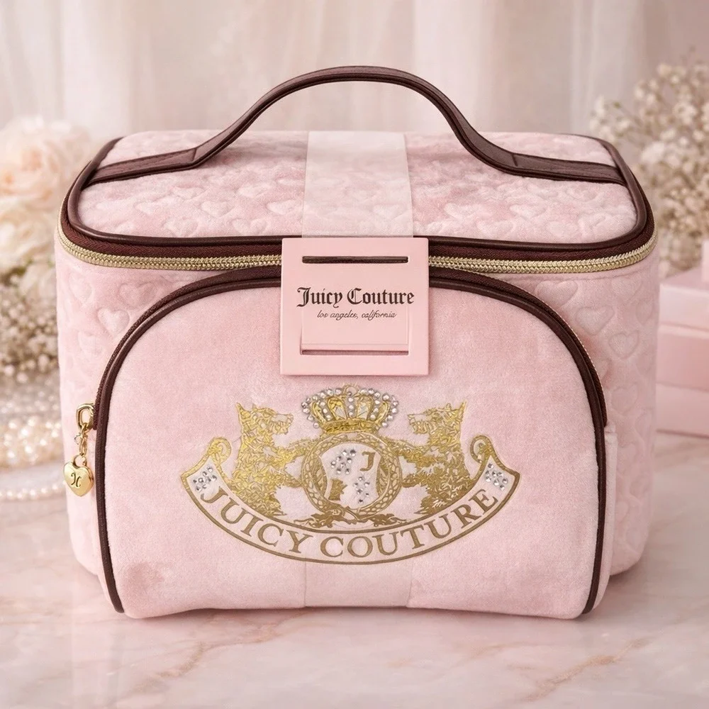 Juicy Couture Velour Cosmetic Bag Set Pink Embossed Hearts Gold Crest